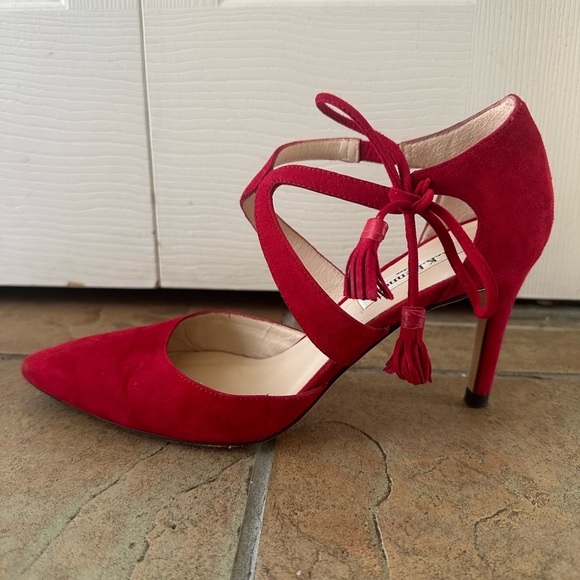 LK Bennett Loren Roca Red Suede Leather Pumps Heels Ankle Tie Size EU 37 US 6.5 - Picture 2 of 15